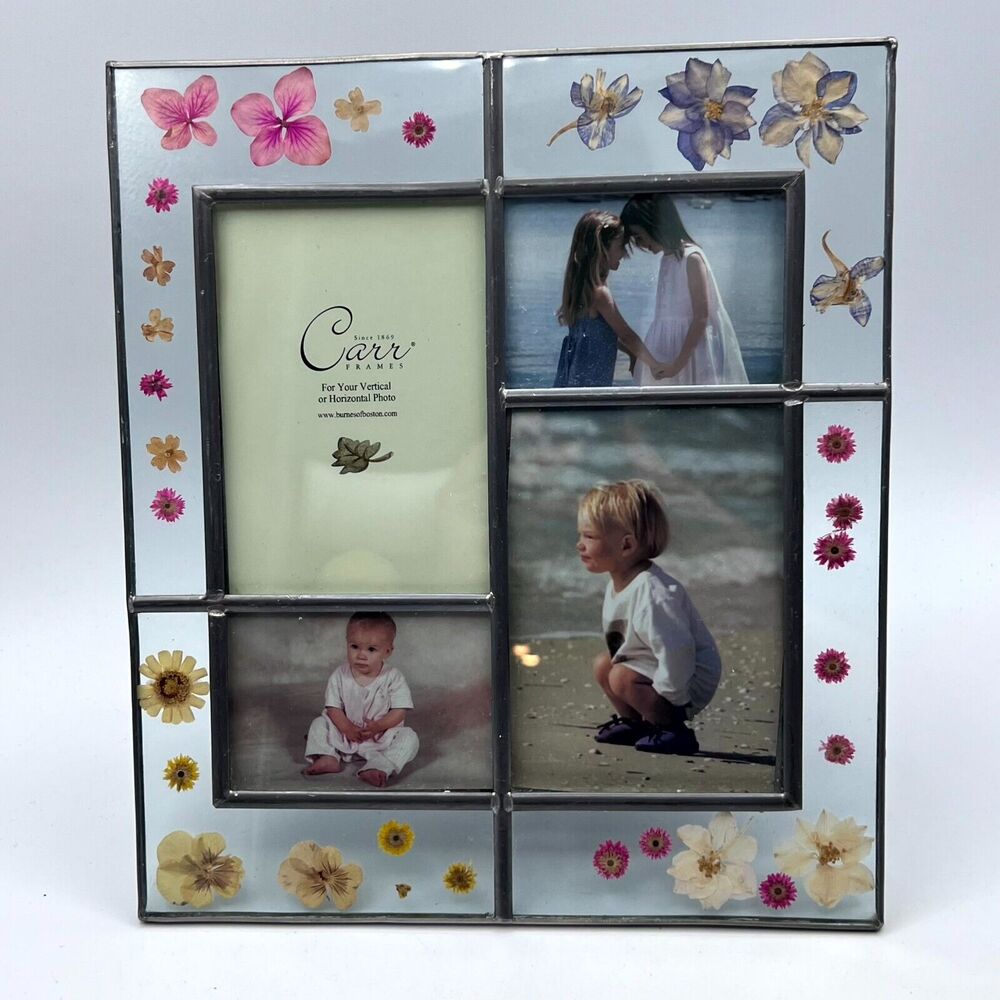 Carr Burnes of Boston 4 Photo Glass Picture Frame Dried Flowers Boho Collage
